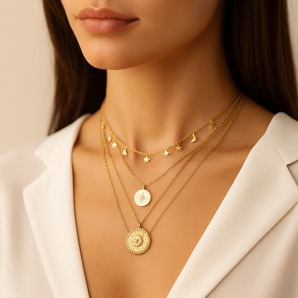 Sophie – Flerlagrat silverhalsband med distinkta hängande former.