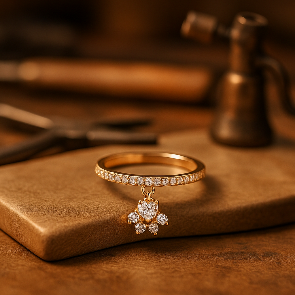 Retro Katt Tass & Hjärta Sten Ring – Guld- och Silverfärgad