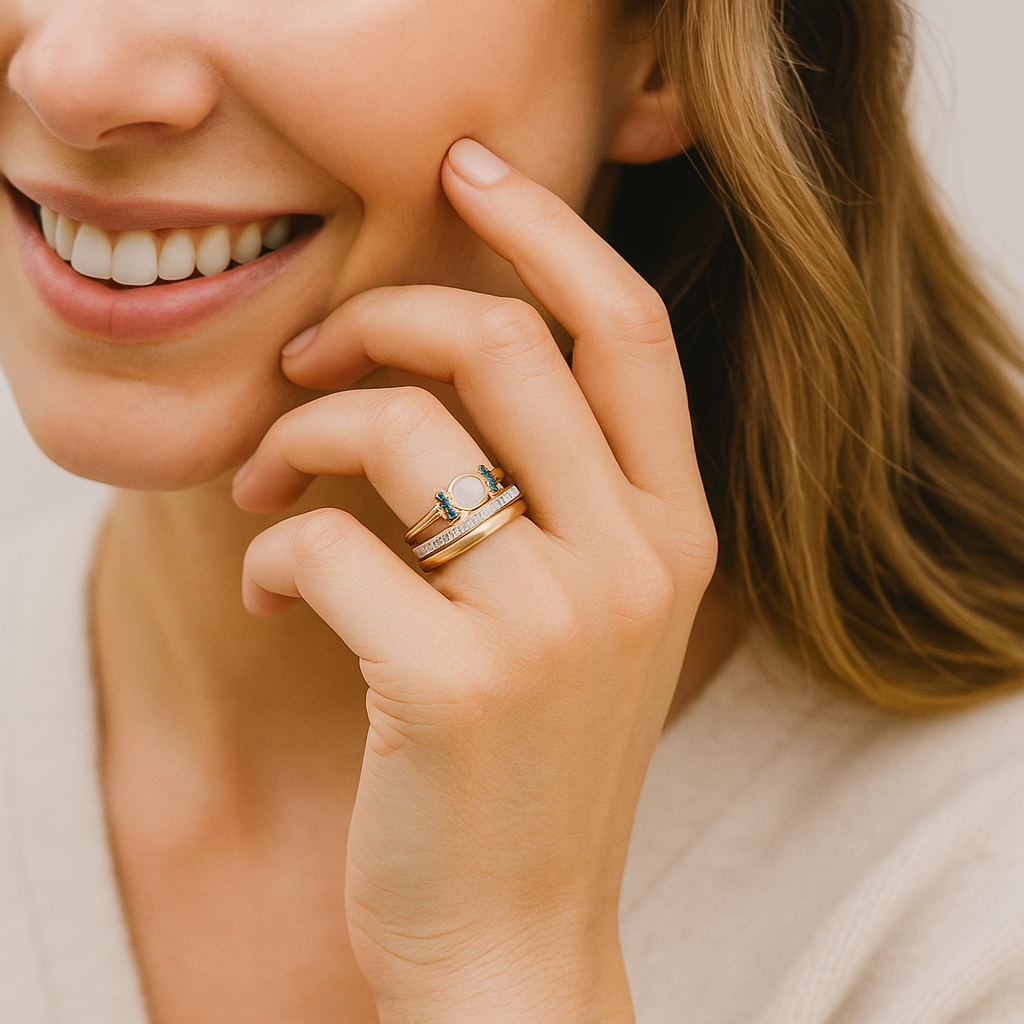 Tereza – Guld ring med glänsande opal och klara konturer.