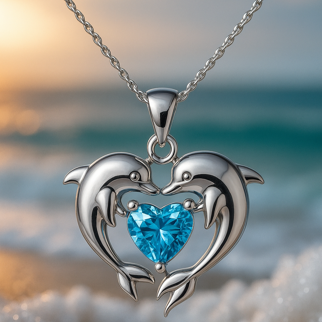 Silverhalskedja med delfiner och opal